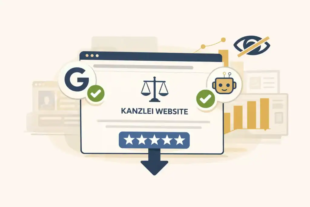 Illustration: Google bewertet eine Kanzlei-Website, priorisiert sie aber nicht in den Suchergebnissen