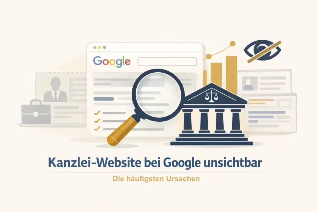 Illustration einer Kanzlei-Website, die bei Google unsichtbar bleibt, mit Lupe, Suchergebnissen und Kanzlei-Symbol