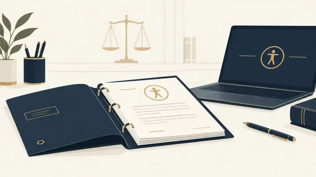 Illustration zu Barrierefreiheit Kanzlei-Website in Navy und Gold, Aktenordner mit Zugänglichkeits-Symbol