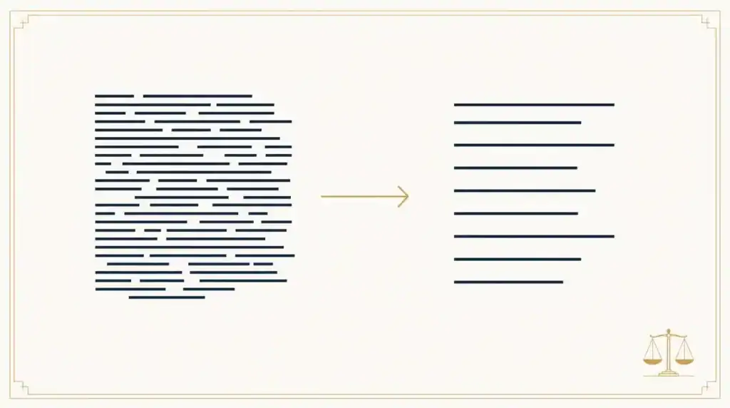 Illustration zu Website-Texten für Kanzleien in Navy und Gold, komplizierter Text wird zu klarer Sprache