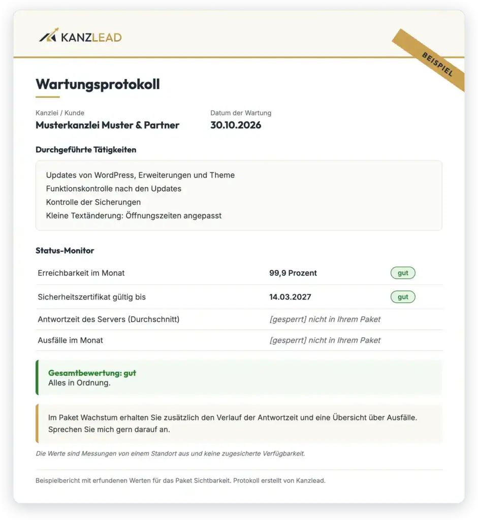 Beispiel eines Wartungsprotokolls mit Status-Monitor: Erreichbarkeit und Zertifikat mit Bewertung, gesperrte Zeilen für höhere Pakete