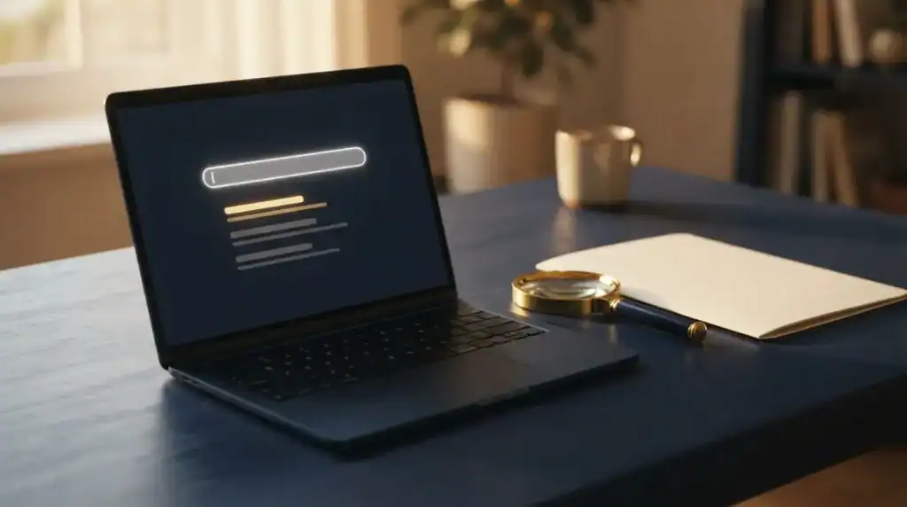 Laptop mit vereinfachter Suchoberfläche und goldener Lupe auf einem Schreibtisch, Kanzlei-Website bei Google gelistet prüfen